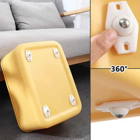 Self Adhesive Caster Wheels Set 16 Pcs For Kitchen Appliances Trash Cans Air Fryers And Small Furniture 360 Degree Swivel Universal Rollers shown on a yellow container.