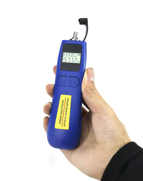 Hand holding blue Optical Power Meter With Universal 2.5mm Interface And Wide Range From Minus 70 To Plus 10 dBm For Fiber Optic Testing, display on