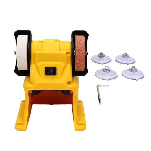 Compact Cordless Bench Grinder With 5500Rpm Motor, Compatible With Dewalt Batteries, features dual wheels and suction cups.