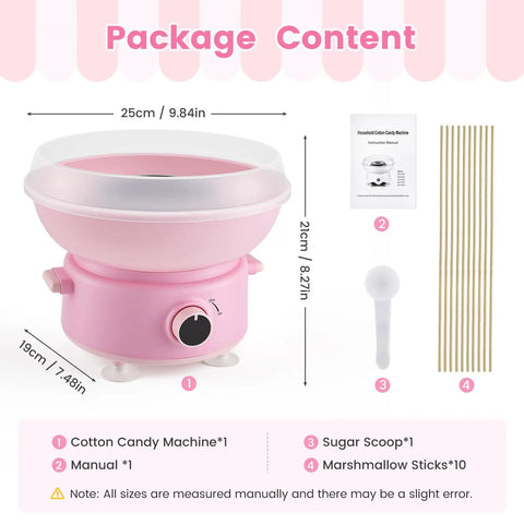 Mini 400W Cotton Candy Maker For Home Use With 10 Reusable Sticks Sugar Scoop Anti Slip Base And Detachable Splatter Guard shown in pink with accessories.