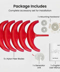 Package contents for 1000W Vertical Axis Wind Turbine Generator with 5 nylon blades, generator unit, and hardware set.