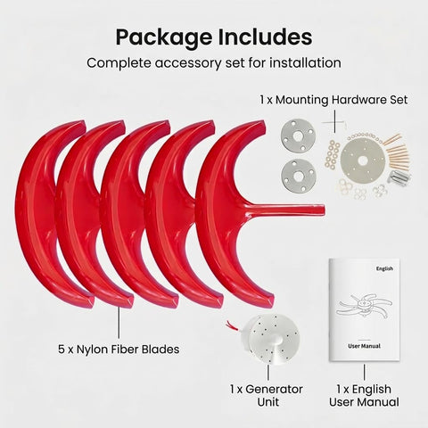 Package contents for 1000W Vertical Axis Wind Turbine Generator with 5 nylon blades, generator unit, and hardware set.