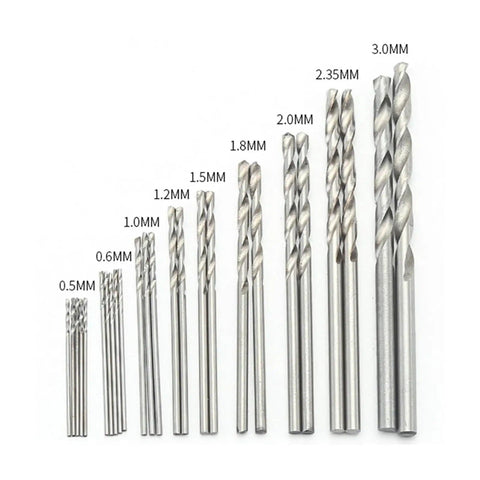 25 Piece HSS Micro Twist Drill Bit Set for PCB and Metal shown in various sizes from 0.5mm to 3mm on white background.