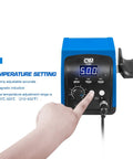 Hot Air Rework Station For Electronics Repair With Digital Display Heat Gun, Three Temperature Presets, shown adjusting settings.