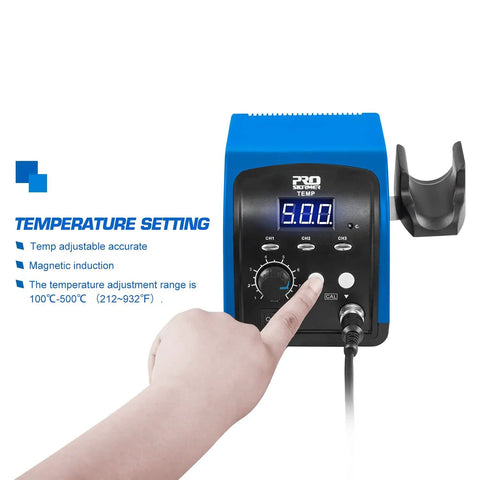 Hot Air Rework Station For Electronics Repair With Digital Display Heat Gun, Three Temperature Presets, shown adjusting settings.
