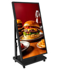 43 Inch Portable Digital Signage Touchscreen Monitor With Hella Bright 2000 Nits 2K UHD Resolution Running Android 11 OS For Retail And Small Business Ads displaying a vibrant burger image.