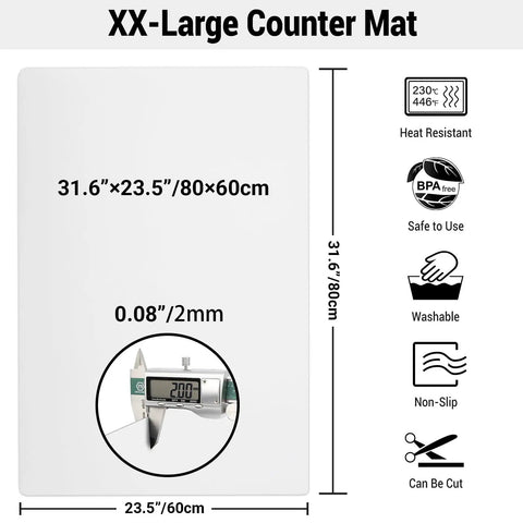 Hella Large Heat Resistant Silicone Counter Protector, Solid Non Slip Work Mat For Kitchen Countertops, Extra Thick Air Fryer Pad and dimensions 31.6 x 23.5 inches.