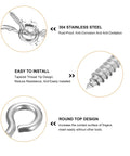 Heavy Duty 304 Stainless Steel Self Tapping Eye Screws details showing rust-proof material, tapered threads, and round top design.