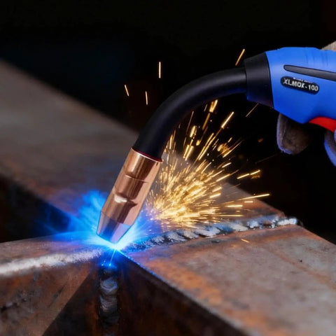 MIG welder gun in action with blue sparks, demonstrating welding on metal; compatible with Miller Multimatic tools.