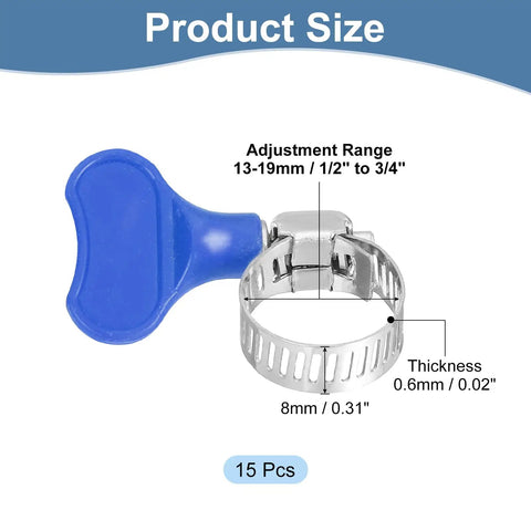 15 Piece Stainless Steel Hose Clamps Set 13 To 19mm Adjustable Worm Gear Clamps With Thumb Screw Key Type, blue finish.