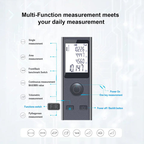 Compact Laser Distance Meter With Pythagorean Mode, 131 Ft Range, USB Charging, LCD Backlight, Area And Volume Measurement, Real Time Angle Display, Single And Continuous Readouts, Handy Tool For DIYers And Builders, front view