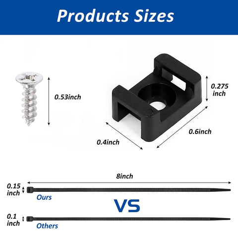 Pro Grade Zip Tie Mounts Kit With 60 8 Inch Ties 60 Saddle Base Clips And Screws Durable Black Wire Organizer Bundle size diagram