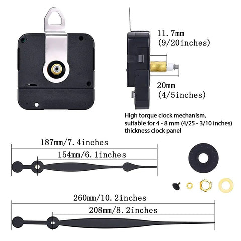 High Torque Silent DIY Wall Clock Movement Kit With Two Quartz Movements, 8 Inch Long Hands, Replacement Parts, Side View