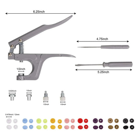 Snap Fastener Kit With Plier Dies Screwdriver Awl And Storage Case Handy 100 Sets Of 12mm Caps In 9 Colors Includes T3 T5 T8 Button Dies Ideal For Garments Crafts And DIY Clothing Projects shown with plier, awl, and screwdriver.