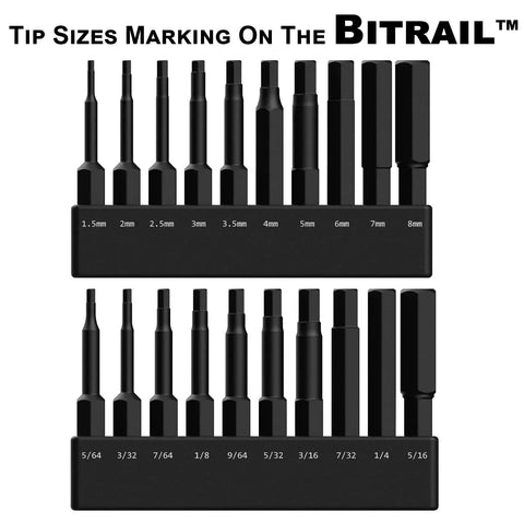 20 Piece Hex Bit Set With SAE And Metric Sizes for impact driver and furniture shown with tip size markings on Bitrail.