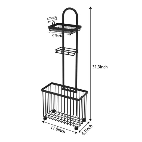 Freestanding Toilet Paper Holder With Storage Shelf No Drill Easy Roll Dispenser For Toilet Paper And Magazines Phone Tablet Organizer Black Bathroom Rack For Small And Large Bathrooms with dimensions