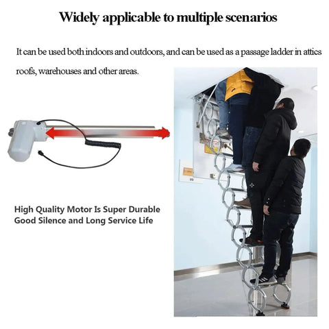 Super Tough Pull Down Attic Ladder With Grip Handles delivering hella stable telescoping frame, shown in use with multiple people ascending.