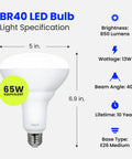 Soft White 2700K Dimmable LED BR40 Flood Bulb 65W Equivalent 850 Lumens E26 Base, bulb specifications graphic