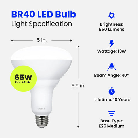 Soft White 2700K Dimmable LED BR40 Flood Bulb 65W Equivalent 850 Lumens E26 Base, bulb specifications graphic