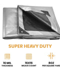 Built Tough Heavy Duty Poly Tarp Cover 16 Mil with grommets and reinforced edges, shown folded with weave count and thickness