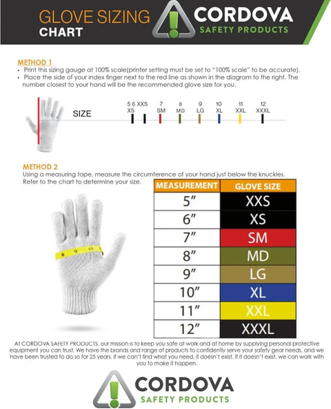 Glove sizing chart for Cordova Safety Products with hand measurement methods and size guide from XXS to XXXL.