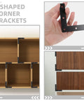 30 Piece Black Right Angle Corner Braces Made From Cold Rolled Steel showing cabinetry reinforcement and hand holding bracket.