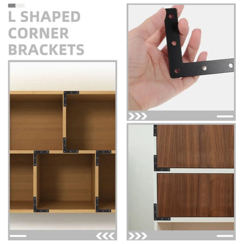 30 Piece Black Right Angle Corner Braces Made From Cold Rolled Steel showing cabinetry reinforcement and hand holding bracket.