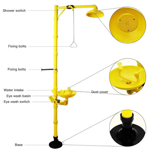 Dual Spray Emergency Eye Wash And Shower Station For Labs And Factories, Fixed Base Eyewash With Chemical Splash Protection shown
