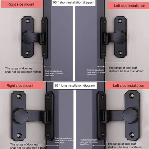 Installation diagrams showing right and left side mount for Heavy Duty Stainless Steel Barn Door Lock And Sliding Gate Hasp.