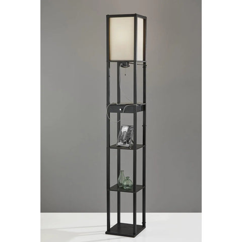 Dope Jumbo Shelf Light With USB Port And Drawer In Black MDF Frame, Off White Fabric Shade, 3 Storage Shelves And Hidden Drawer, On Off Pull Chain, Perfect Desk Or Nightstand Lamp With Built In USB Power And Storage