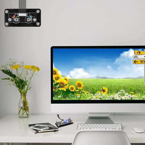External Desktop PC Power Button Switch For Case Panel On Off Button Replacement shown installed on wall above desk setup.