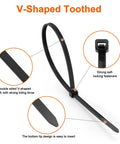 Heavy Duty 12 Inch Cable Ties With 120 Lb Tensile Strength, V Shaped Teethed Double Sided Grip, shown in black with self-locking fasteners