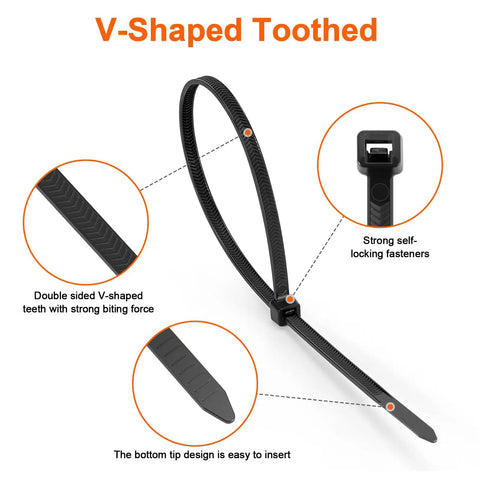 Heavy Duty 12 Inch Cable Ties With 120 Lb Tensile Strength, V Shaped Teethed Double Sided Grip, shown in black with self-locking fasteners
