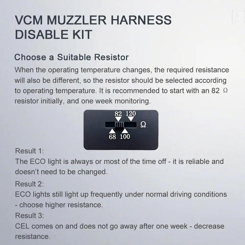 Diagram showing resistor options for Honda VCM Muzzler Harness Disable Kit, important for customizing 3.5L V6 engine noise control.