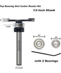 Slot Cutter Router Bit With Top Bearing Pro Grade One Quarter Inch Shank Two Bearings Three Quarters Inch And Five Eighths Inch Five Thirty Second Inch Cutting Height Thirty One Sixty Fourth Inch Cutting Depth Ideal For Decking Slotting And Joinery displayed with dimensions and components.