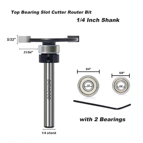 Slot Cutter Router Bit With Top Bearing Pro Grade One Quarter Inch Shank Two Bearings Three Quarters Inch And Five Eighths Inch Five Thirty Second Inch Cutting Height Thirty One Sixty Fourth Inch Cutting Depth Ideal For Decking Slotting And Joinery displayed with dimensions and components.