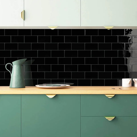 Subway Tile Peel And Stick Backsplash Star White Marble PVC Self-Adhesive Tiles Pack on kitchen wall with green cabinets.