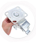 Heavy Duty 4 Inch Swivel Caster Wheel Bracket With Brake And Lock For Heavy Load Furniture And Shop Equipment Built Tough Steel Cart Frame Roller, showing the bracket held in hand.