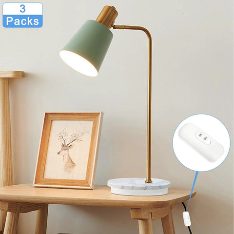 Three Pack Inline Cord Switches For Lamps And LED Lighting 250V 6A White Inline Lamp Switches shown next to a table lamp