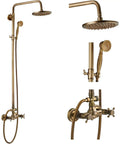 Exposed Bathroom Shower Faucet Set with 8 Inch Rainfall Shower Head and Handheld Shower, antique brass finish, wall mount installation