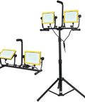 Heavy Duty 20,000 Lumen Twin Head LED Work Light With Metal Telescopic Tripod Stand, 10 Ft Power Cord, IP65 Water Resistant shown