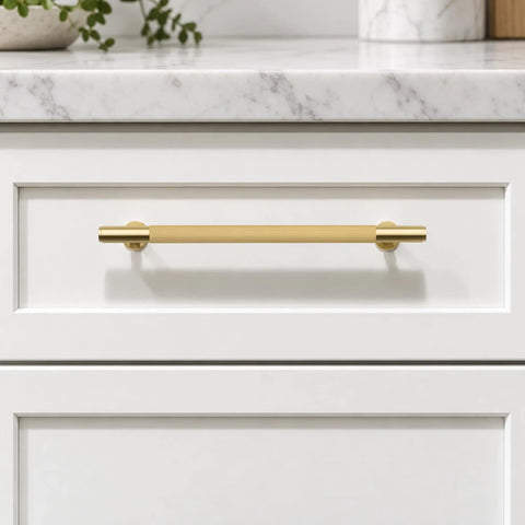 Top Shelf Solid Brass Cabinet Pulls With Slick Grooved Grip Design For No Sweat Installation, 128mm, brushed brass on white cabinet.