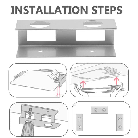 Heavy Hitter Under Desk Laptop Mount Bracket installation steps showing aluminum construction and ergonomic design.
