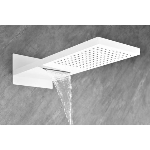 Wall Mounted Waterfall Shower System with Hand Shower showcasing a white overhead shower head pouring water, mounted on a wall.