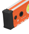 Dead Nuts Accurate 24 Inch Box Level With Lockdown Magnetic Base and Three High Vis Orange Vials Solid Aluminum Body from a side angle.