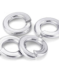 Top-down view of four Mellewell #8 lock washers in bright stainless steel (304/18-8)
