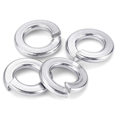 Top-down view of four Mellewell #8 lock washers in bright stainless steel (304/18-8)