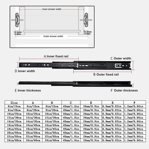 Diagram of Full Extension Drawer Slides Rails Track Glides 12 Inch 30 Cm Pair with measurements and parts labeled.