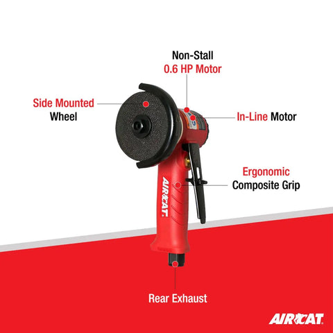 3 Inch In Line Pneumatic Cut Off Tool With 18,000 RPM And 0.6 HP Motor, Side Mounted Wheel, Ergonomic Handle, Rear Exhaust visible