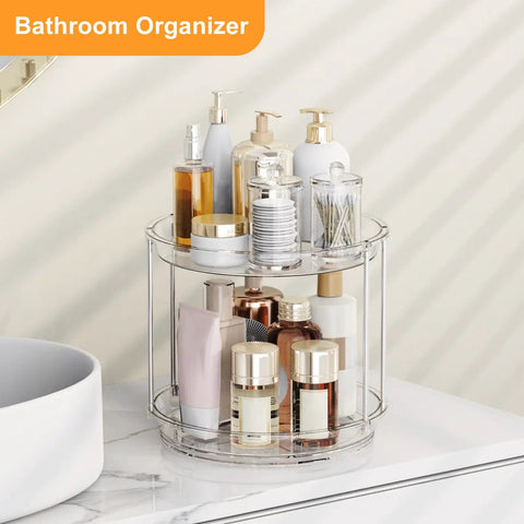 Rotating Makeup Organizer with Two Tier Lazy Susan Turntable for Vanity and Bathroom Counter, Clear Spinning Storage Tray with cosmetics